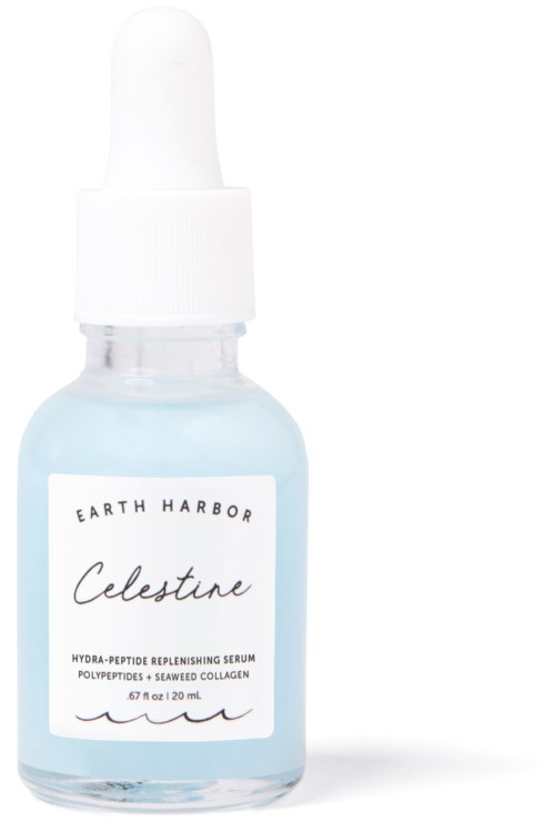 Kleine hellblaue Serumflasche mit weißer Pipettenspitze, beschriftet "Earth Harbor Celestine" für Hautpflege.