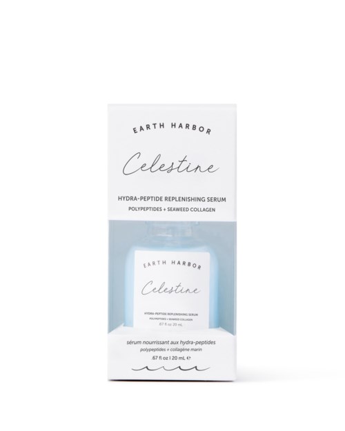 Ein Hautpflegeprodukt namens Celestine, beschrieben als Hydra-Peptid-Serum mit Meeresalgenkollagen, in weißer und blauer Verpackung.