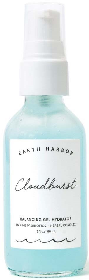 A small light blue bottle with a white spray cap. It is labeled 'Earth Harbor Cloudburst Balancing Gel Hydrator'.