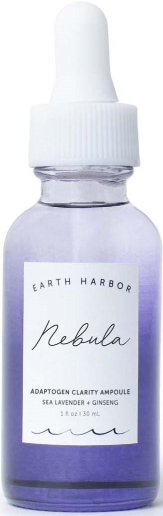 A small glass dropper bottle labeled Earth Harbor Nebula, with a white cap and purple liquid inside.