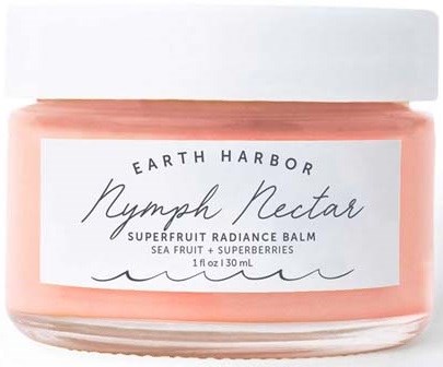 A pink jar with white lid, labeled 'Nymph Nectar' sea fruit and superberries, for skin care. Simple design.