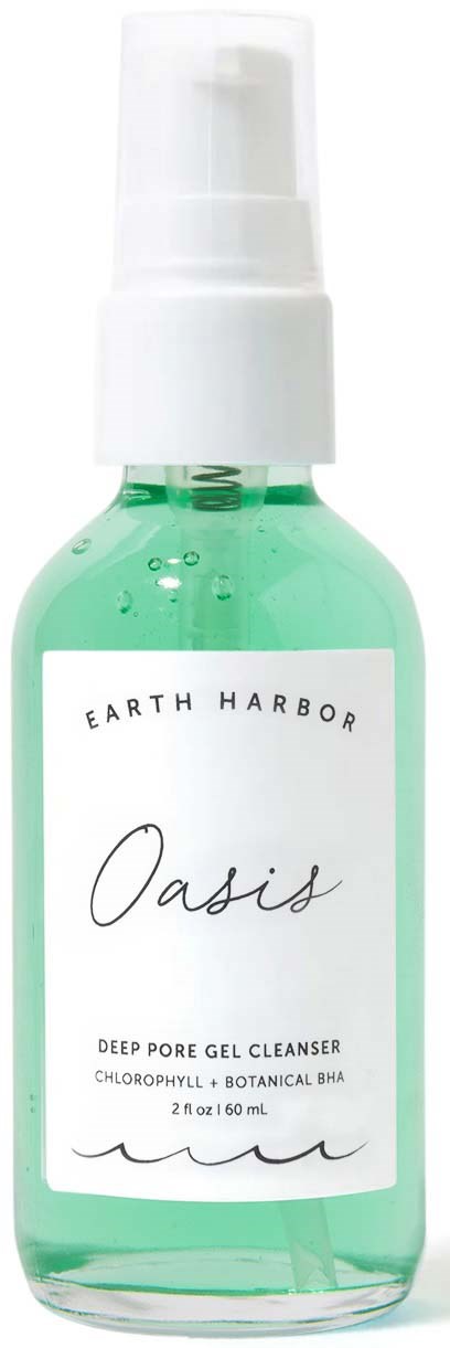 A small green bottle with a white pump labeled 'Earth Harbor Oasis Deep Pore Gel Cleanser' with botanical ingredients.