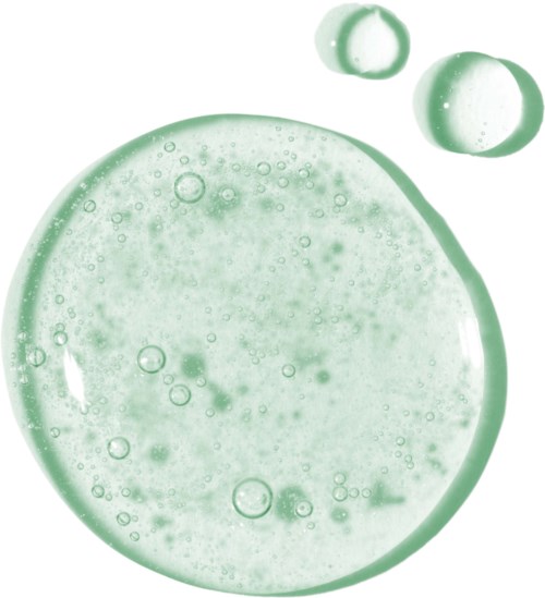 Greenish bubbles in liquid, with a large bubble surrounded by smaller ones, on a white background.