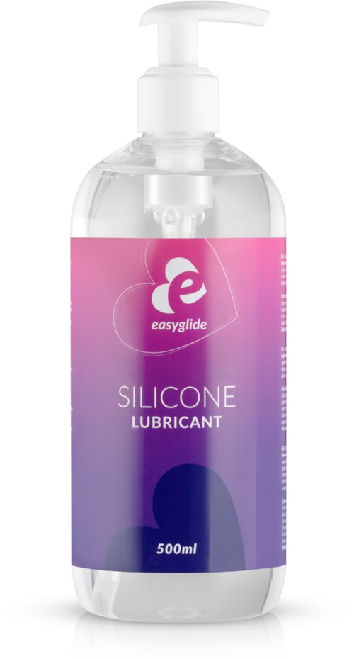 Een heldere plastic fles met roze en paarse label, pompkop en tekst die siliconen smeermiddel aangeeft, 500ml.