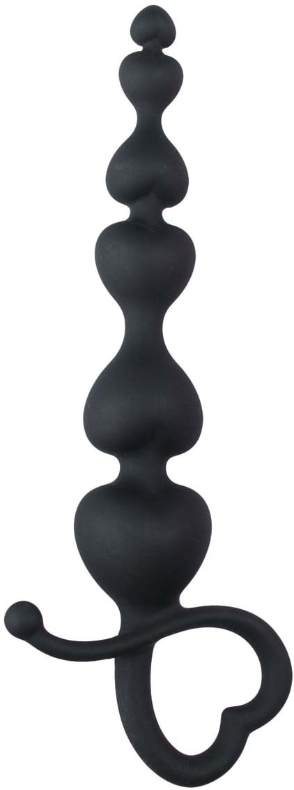 Eine schwarze, abstrakte, gebogene Skulptur mit einer Reihe runder Formen und einer Haken an der Unterseite.
