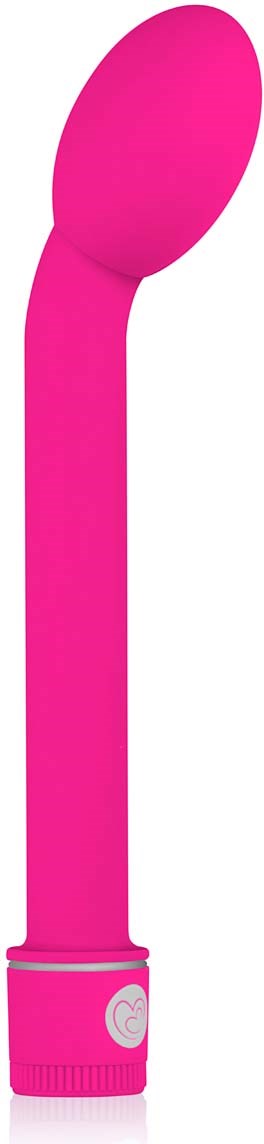 A pink vibrator with a curved head and a control button at the bottom.