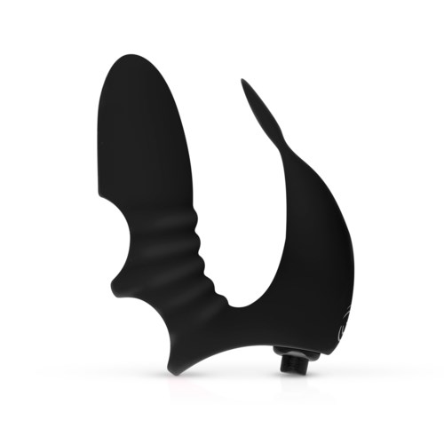 A black device with a curved shape, designed for holding or gripping, with a ribbed handle and a mounted clasp.