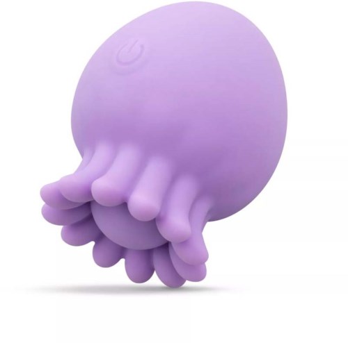 A purple, soft, rounded toy with multiple tentacle-like parts hanging beneath a large, round head.