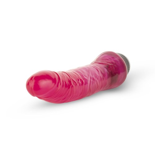 A pink, phallic-shaped object with a textured surface and rounded tip, lying on a white background.