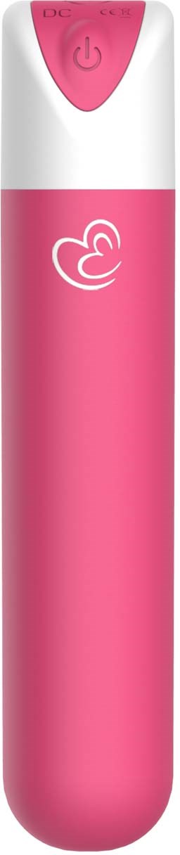 Ein rosa-weißes elektronisches Gerät mit Ein-Aus-Schalter und Herz-Logo auf der Oberfläche.