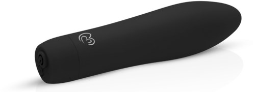 A black, handheld electronic device with a rounded tip and a logo on the side.