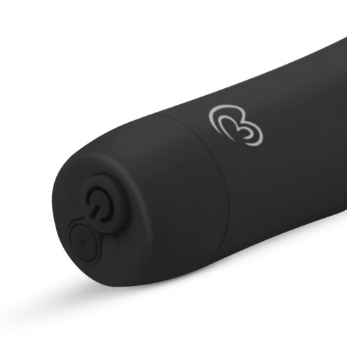 A black cylindrical device with a power button and a logo on its surface.
