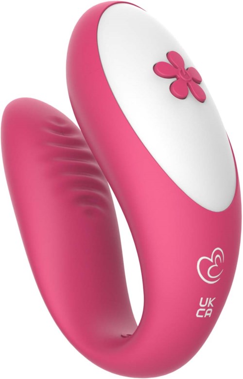 Ein rosa und weißer Vibrator mit einem süßen Blumendesign oben, geformt wie ein U.