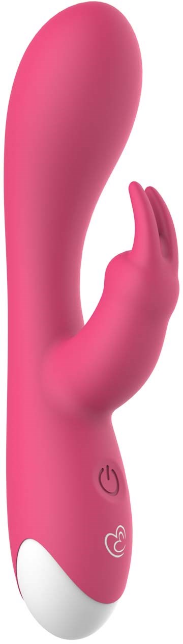 Pinkfarbener Vibrator mit kleiner Handform, Tasten am Boden und gebogenem Design.