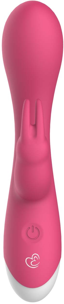 Ein pinker Kaninchen-Vibrator mit Ein/Aus-Taste und Herzsymbol am Boden.