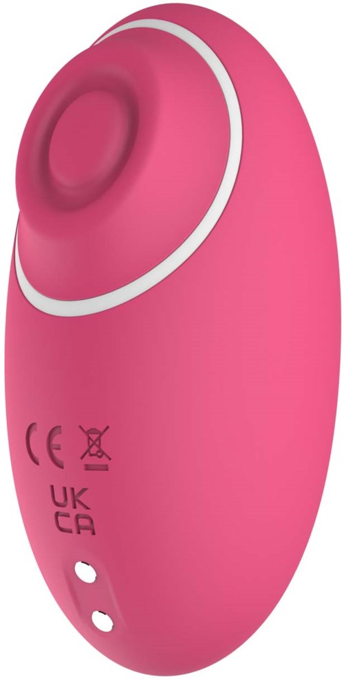 Kleines rosa Gerät mit runder, erhabener Spitze, kleinen Löchern und Zertifizierungsmarkierungen an der Seite.