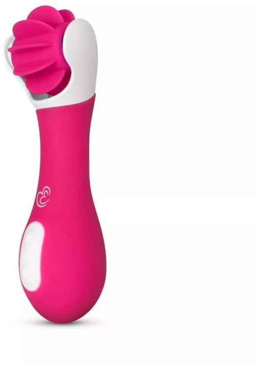 A pink and white handheld massager with a rounded, textured head and ergonomic handle.