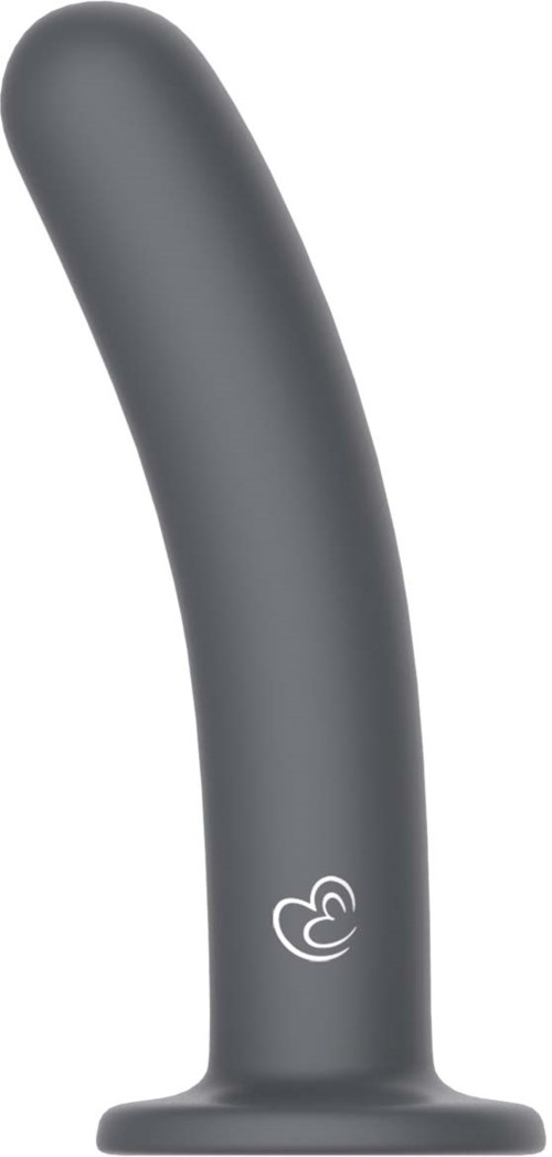 Ein graues, gebogenes Silikon-Gerät mit einer flachen Basis, wahrscheinlich ein Massagegerät oder Vibrator.