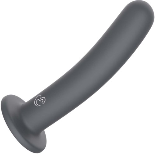 Ein graues, gebogenes Sexspielzeug mit runder Basis und einem kleinen Herzsymbol.