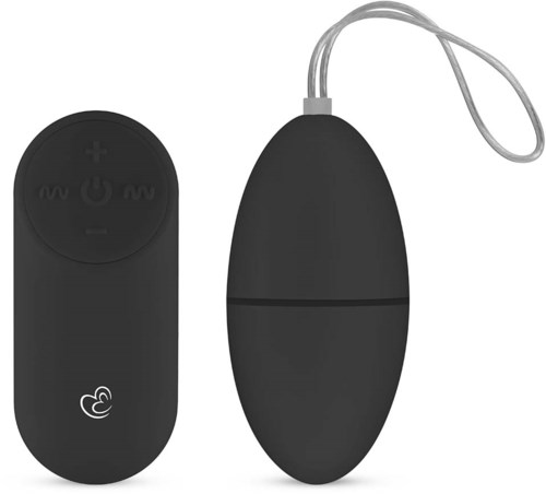 A remote control and an electronic device, both black, with buttons and a string attachment.