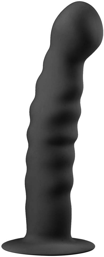 Ein schwarzes, geripptes, gebogenes Objekt mit abgerundeter Spitze und flacher Basis.