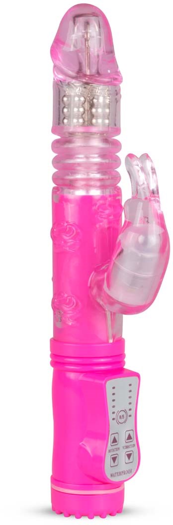 Rosa leksaksvibrator med kontroller, texturerad kropp och en annan fästmassa. Innehåller små kulor för vibration.