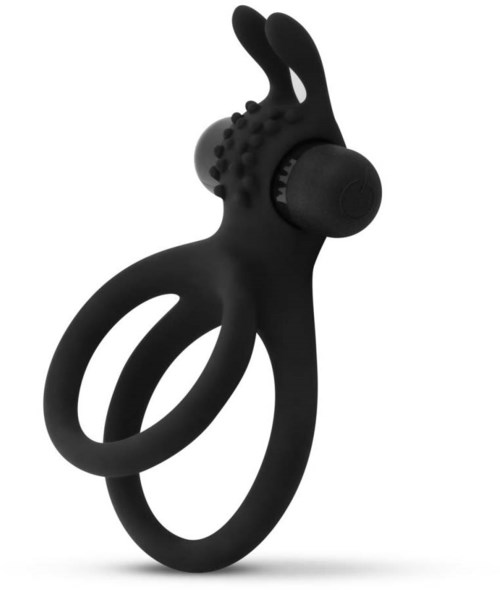 Eine schwarze Silikonring mit Hasenohren und strukturierter Fläche, für Stimulation. Es hat einen kleinen Drehteil.