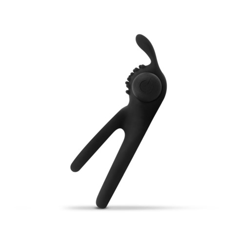 Ein schwarzes, modernes tragbares Gerät mit einer gebogenen Form und einem kleinen Steuerknopf, sieht elegant und technisch aus.