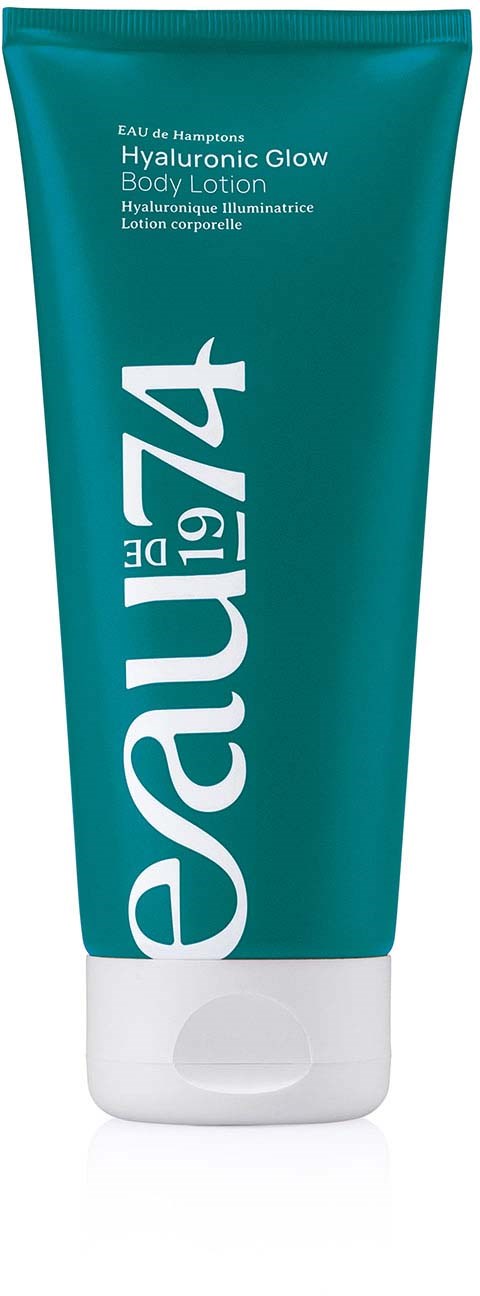 Green tube of EAU de Hampstead Hyaluronic Glow Body Lotion with white cap and large white text.