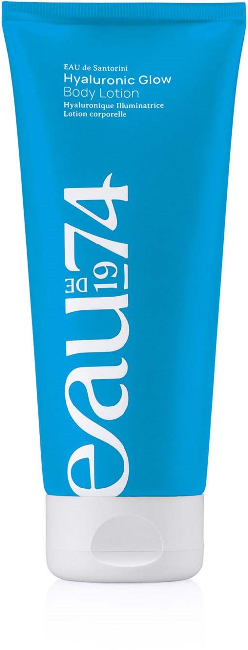 A blue tube of body lotion with white text and a white cap, labeled 'ESAU 74 Hydrating Glow.'