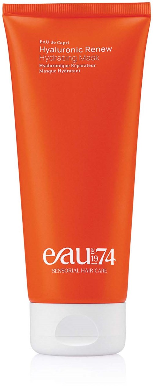 Orange tube with white cap, labeled 'Hyaluronic Renew Hydrating Mask' for hair care.