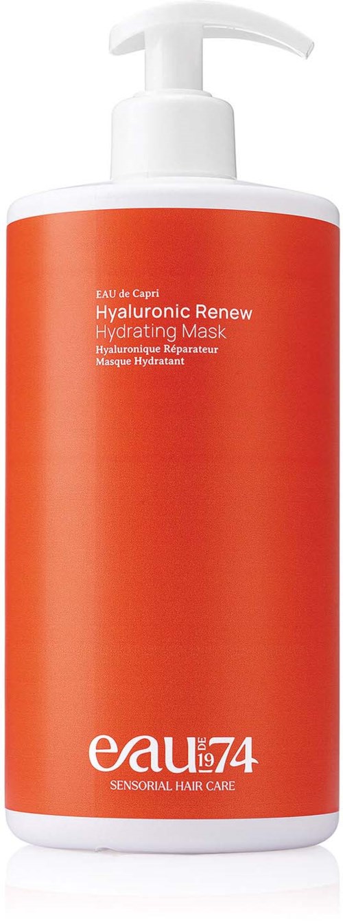 A white pump bottle with orange label, called Hyaluronic Renew Hydrating Mask for hair care.