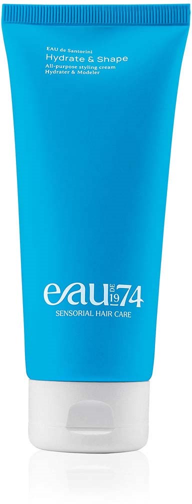 Blue tube of Hydrate & Shape styling cream for hair, with white cap and product label.