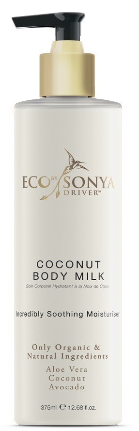 A white bottle with a black pump, labeled 'ECO SONYA DRIVER' and 'COCONUT BODY MILK,' with natural ingredients.