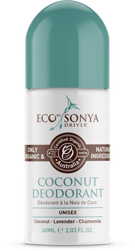 A white and teal deodorant stick labeled Eco by Sonya Driver, with coconut, lavender, and chamomile scents, designed for all.