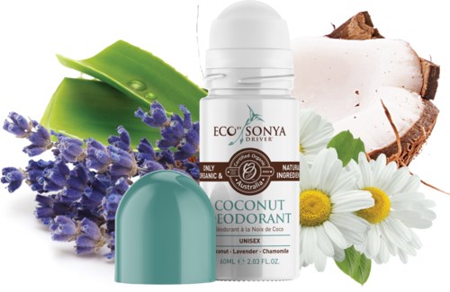 A natural deodorant with coconut scent, surrounded by lavender, chamomile, coconut, and coconut shell images.