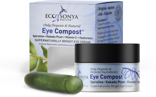 Vihreä kurkku, silmänympärysvoide ja Eco Sonya Eye Compost luonnollinen silmänympärysvoide, jossa on ainesosat.