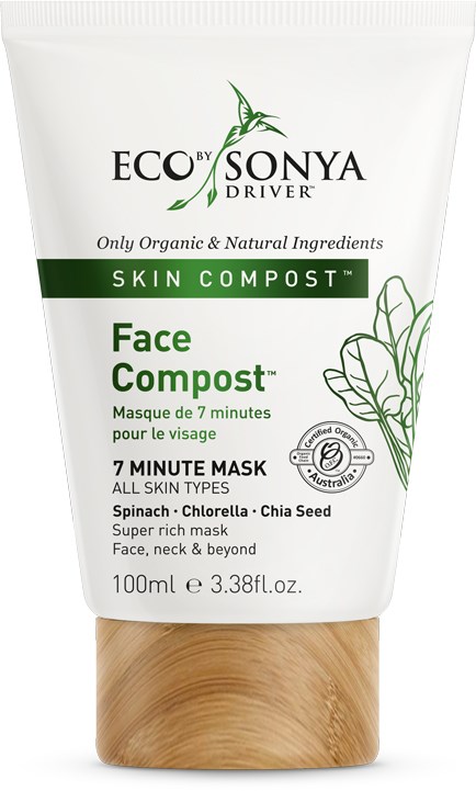 Valkoinen putkilopakkaus, jossa vihreitä korostuksia, nimeltä 'Face Compost', sisältää ekologisen kasvohoidon pinaatilla, chlorellalla ja chia-siemenillä.