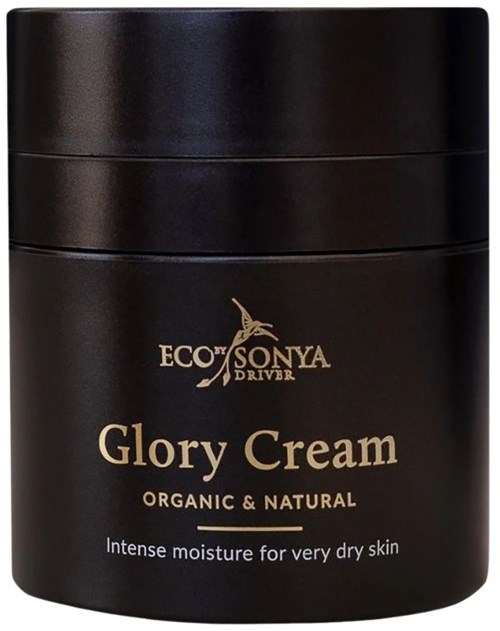 Een zwarte pot met Eco Sonya Glory Cream met teksten dat het biologisch en natuurlijk is voor zeer droge huid.