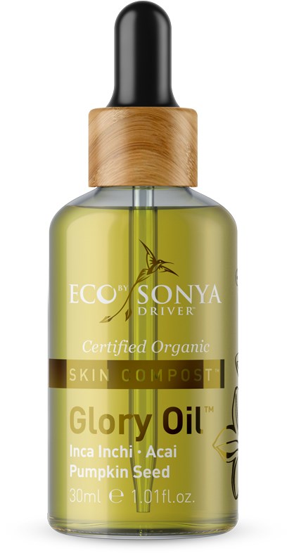 A small glass bottle with a dropper, labeled as eco-friendly Glory Oil with pumpkin seed, acer, and inca inchi.