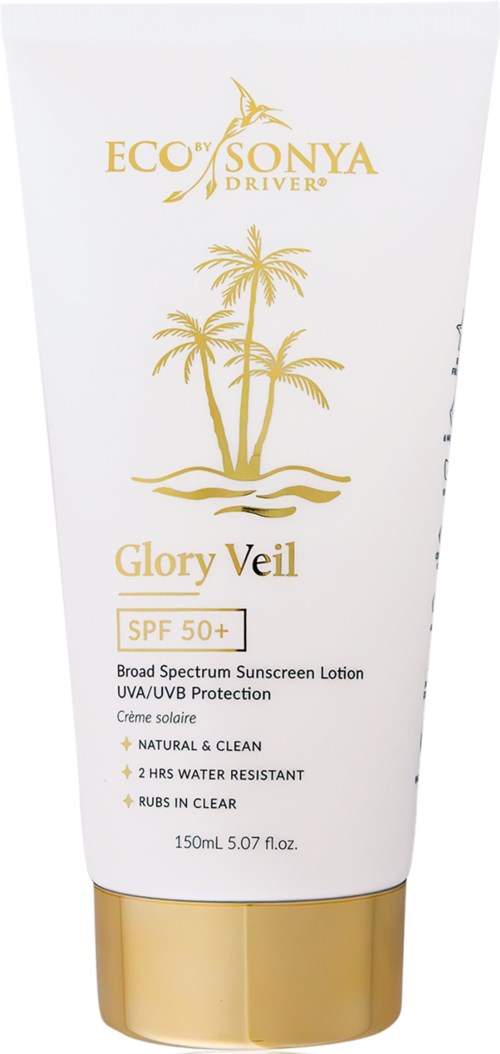Een witte tube zonnebrand met gouden dop en palmboomlogo, labeled Eco Sonya Glory Veil SPF 50+.