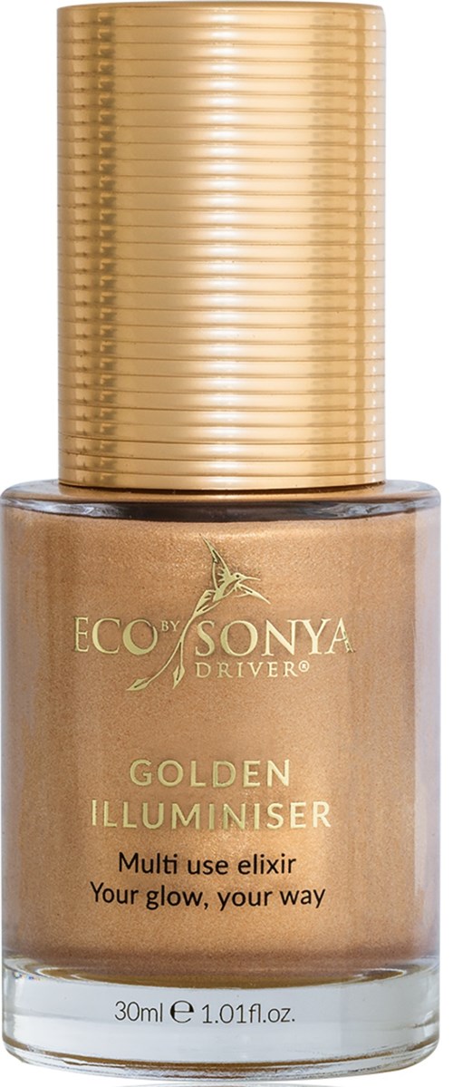 En flaske med EcoSonya Golden Illuminiser, laget for å gi glød til huden, med gullhette og beige væske inni.