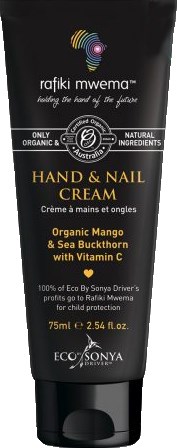 Schwarze Tube mit Hand- und Nagelcreme, gelber und weißer Text, mit Bio-Zutaten und Eco Sonya-Branding.
