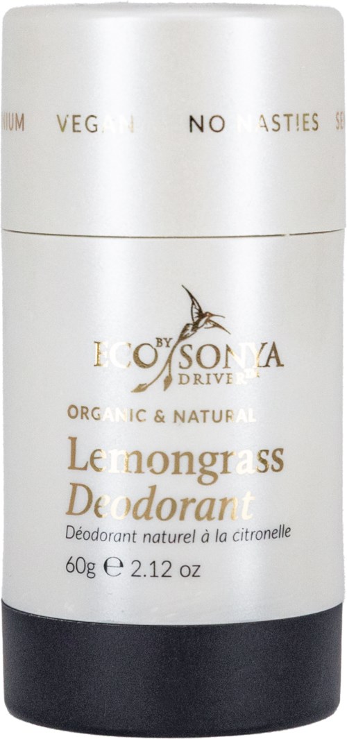Valkoinen ja musta roll-on deodorantti, merkinnällä Lemongrass Deodorant, ekologinen ja luonnollinen.