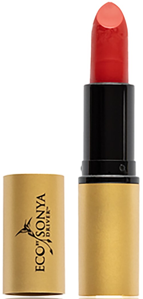 Een rode lipstick in een goudkleurige en zwarte houder. De dop is eraf, klaar om te gebruiken.