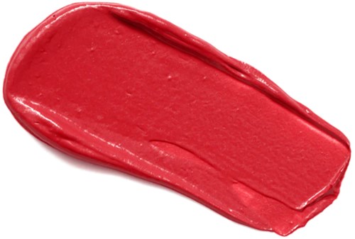 Een felle rode lippenstiftvlek op een zwarte achtergrond. Gladde textuur met lichte glans. Toont de vorm van de lipstick.