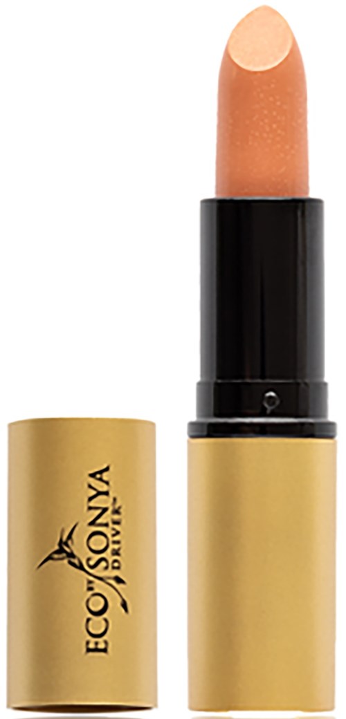 Ein beiger Lippenstift in einem goldenen und schwarzen Röhrchen, mit aufgesetzter Kappe.