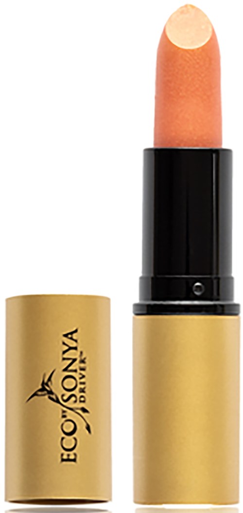 A beige lipstick in a gold tube with black band and cap, standing upright.
