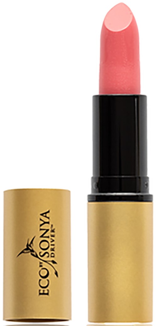 A pink lipstick with a black and gold tube, partially open, showing the lipstick inside.