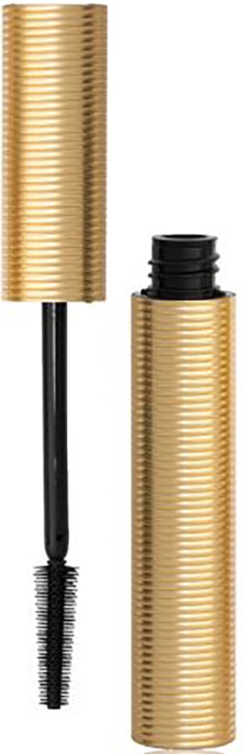 Eine goldfarbene Wimperntusche mit schwarzem Bürstchen und Deckel. Die Flasche ist zylindrisch mit Rillen.